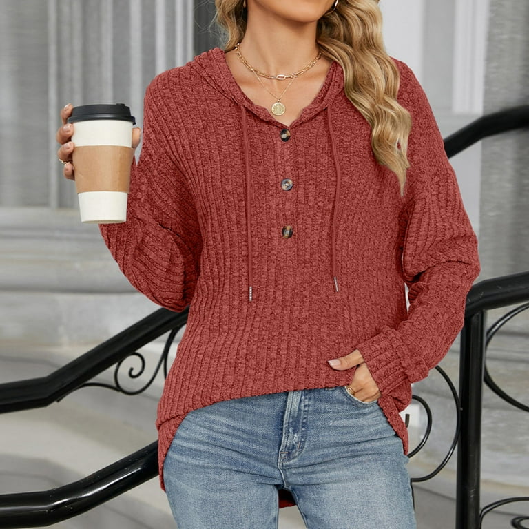 Womens 1/4 Button Pullover Sweater Striped Knit Drawstring Hooded