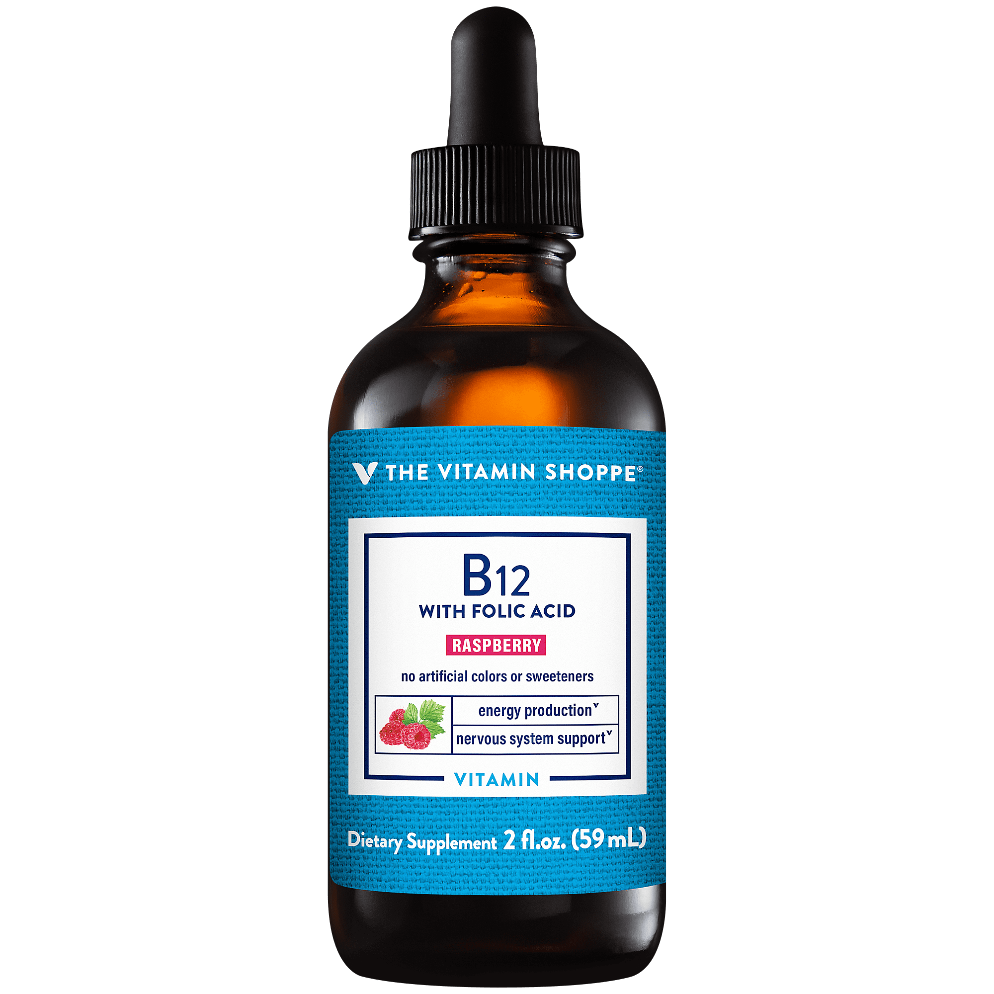 Liquid Vitamin B12 with Folic Acid  Raspberry Flavor, Supports Energy Production, Excellent Source of Folic Acid, One Daily Serving (2 Fl Oz.) by The Vitamin Shoppe