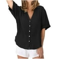thumbnail image 4 of Olyvenn Womens Short Sleeve Button Down Shirts Cotton Linen V Neck Side Slit Blouse Summer Casual Loose Fit Beach Tops Black L, 4 of 7