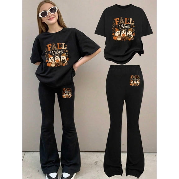 Fall Vibes Cute Ghost Pumpkin Leopard Autumn Halloween Performance T-Shirt, Girls T-shirt & Flare Pants Set,Trendy Casual 2 Piece Outfit