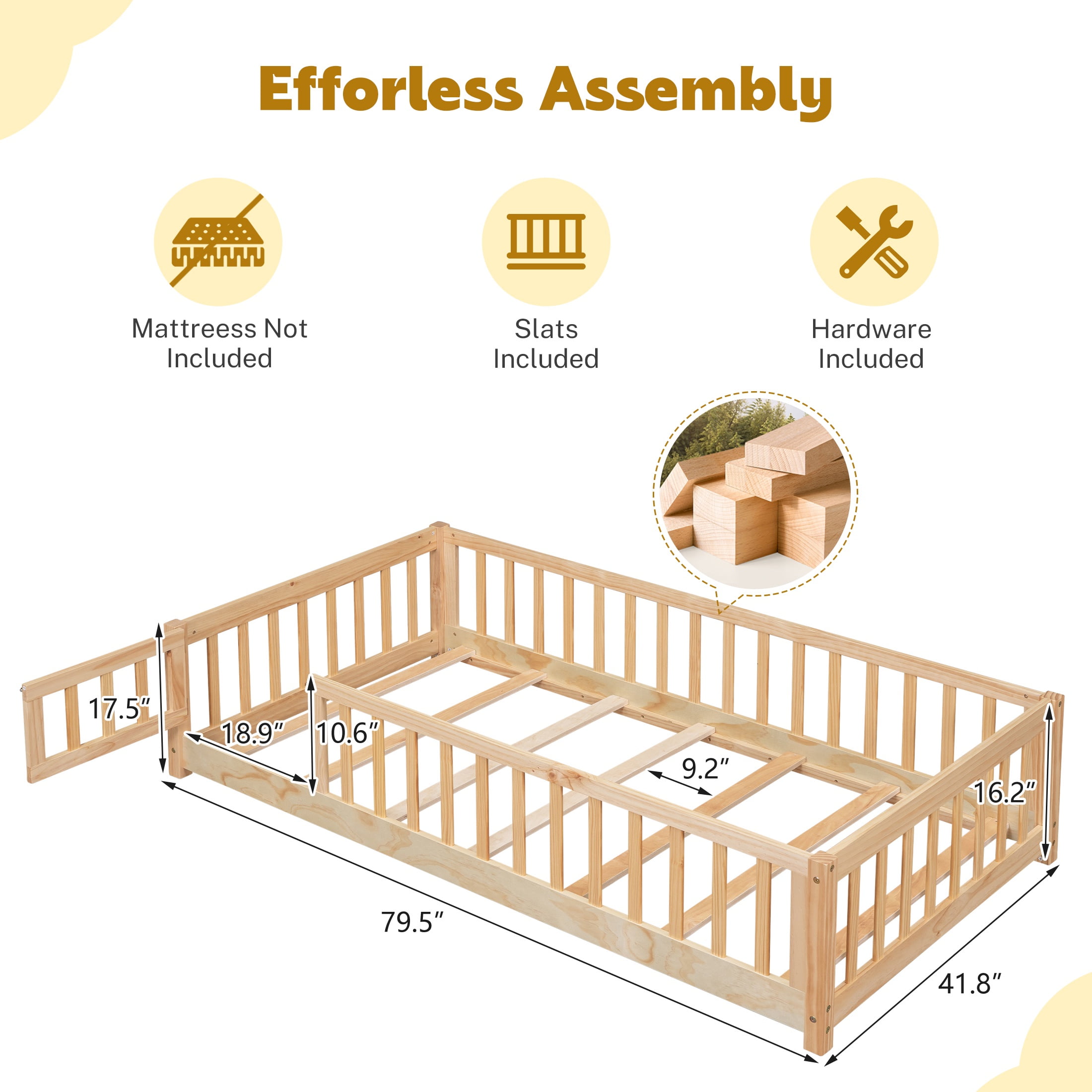 PAPROOS Twin Montessor Floor Bed, Solid Wood Toddler Bed with Safety Guardrail and Door, Easy Assembly, Low-to-Floor Bed Frame with Slats for Kids, Natural