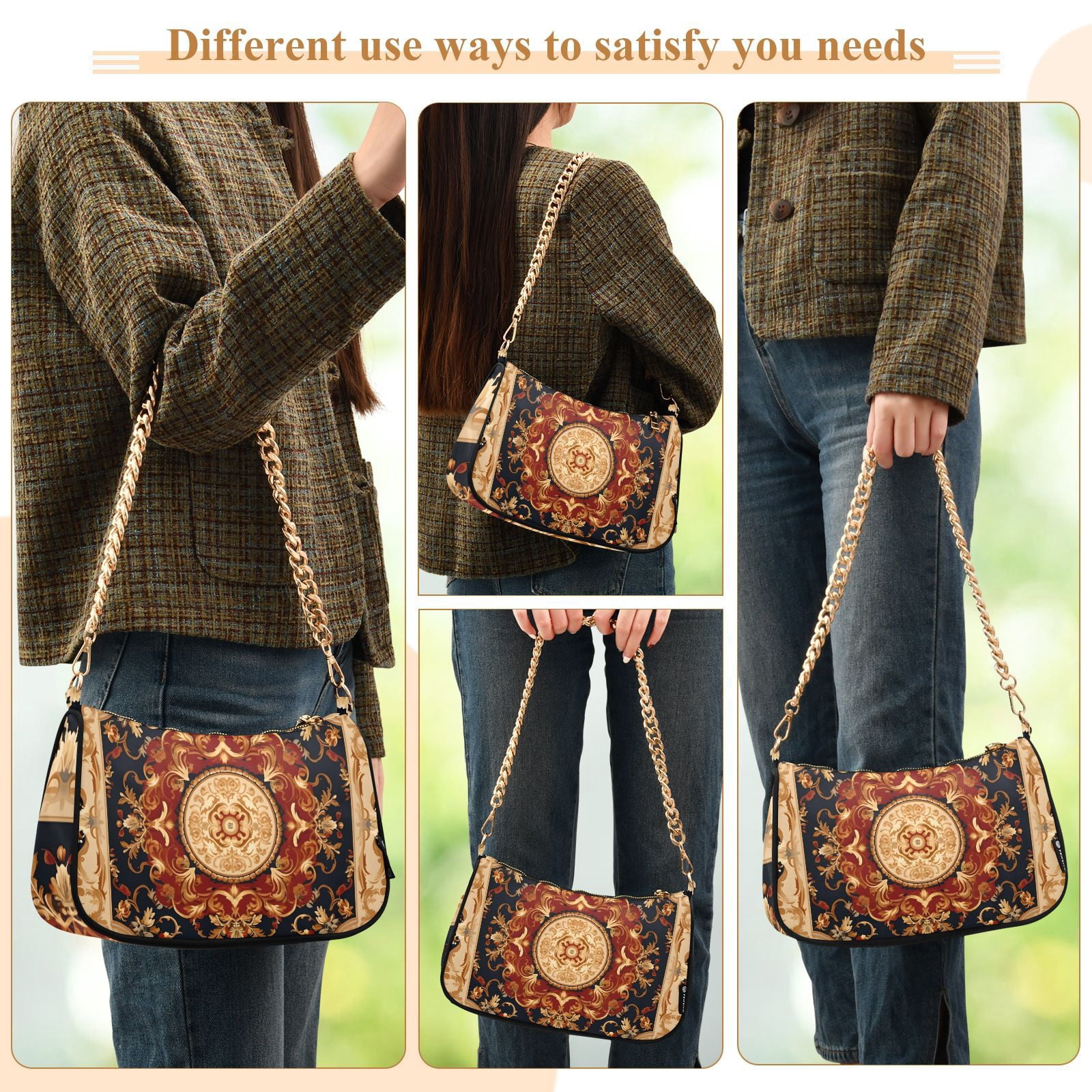 Boho PatternWomen Small Shoulder Bag Crossbody Tote Hobo Bags Purse Clutch Handbags with Chain Strap for Women