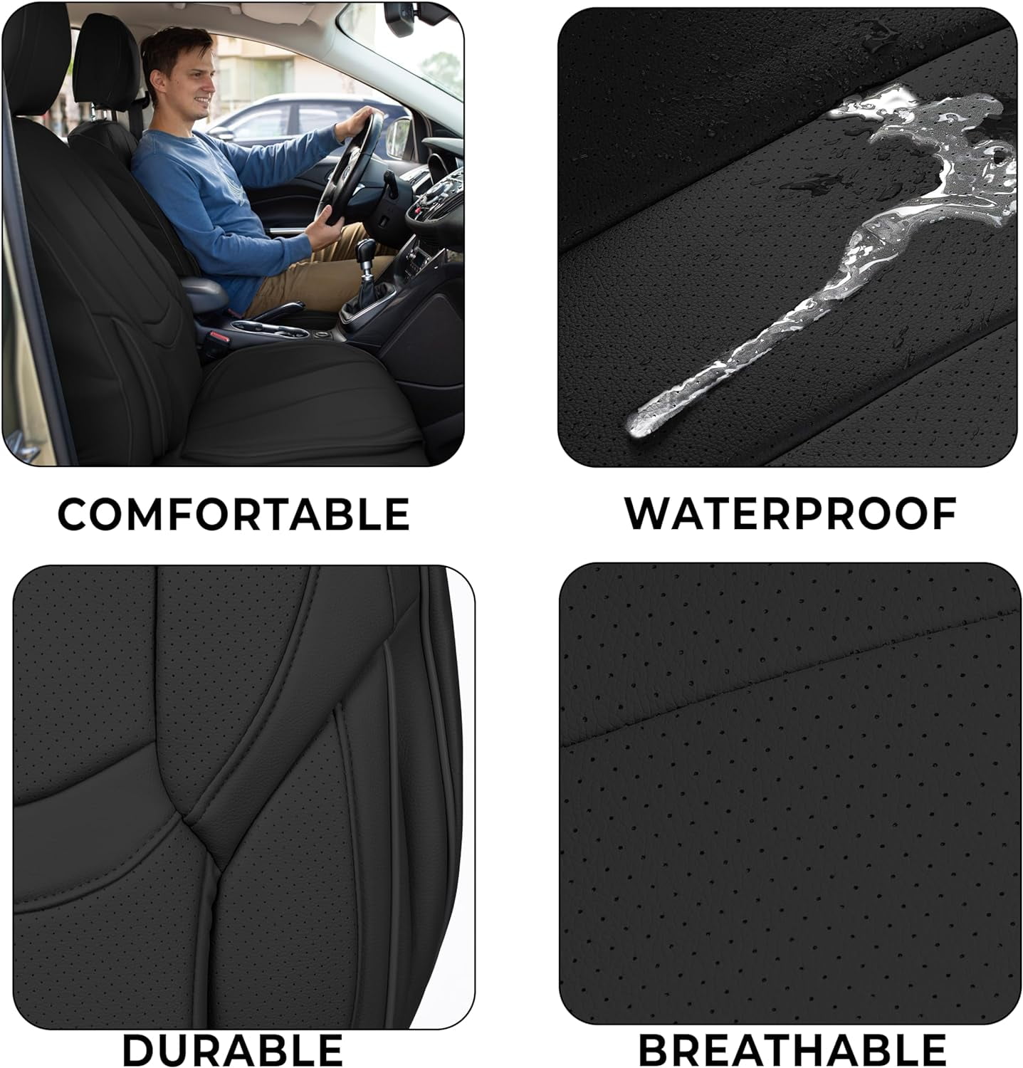 Zone Tech Full Set of 5 Seat Covers for Cars Waterproof Nappa Leather - Black