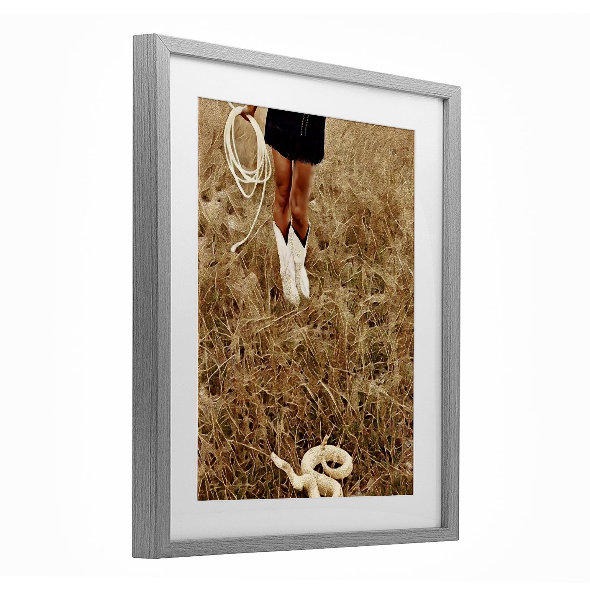 With Her Lasso & Snake Gray Framed Print Under Glass, design by Jesse Keith