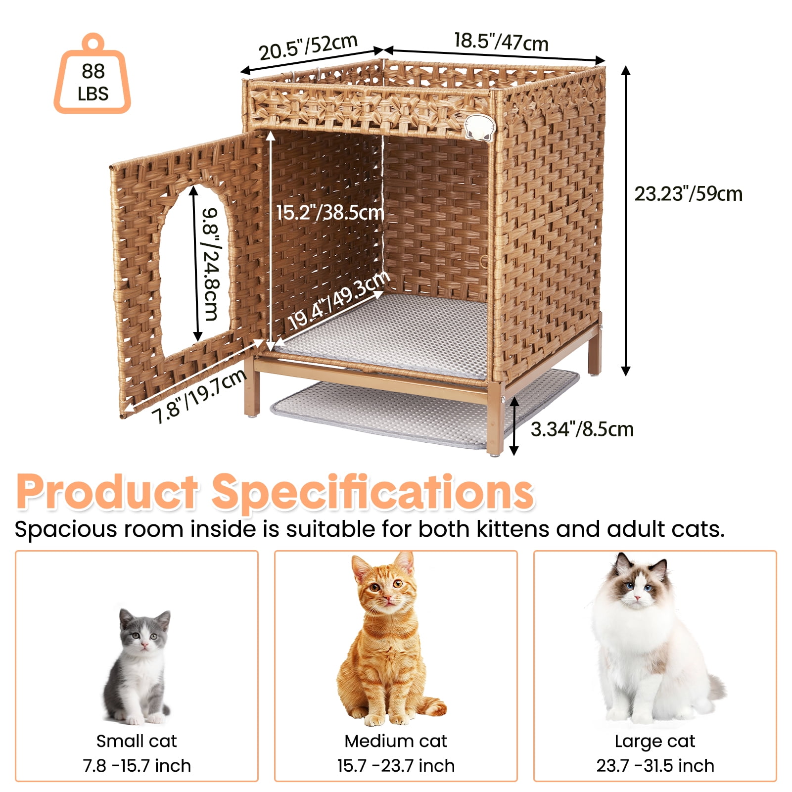 Hidden Cat Litter Box Furniture with Rattan Handwoven Design, Elevated Metal Feet, Enclosed Cat House for Bedroom and Living Room