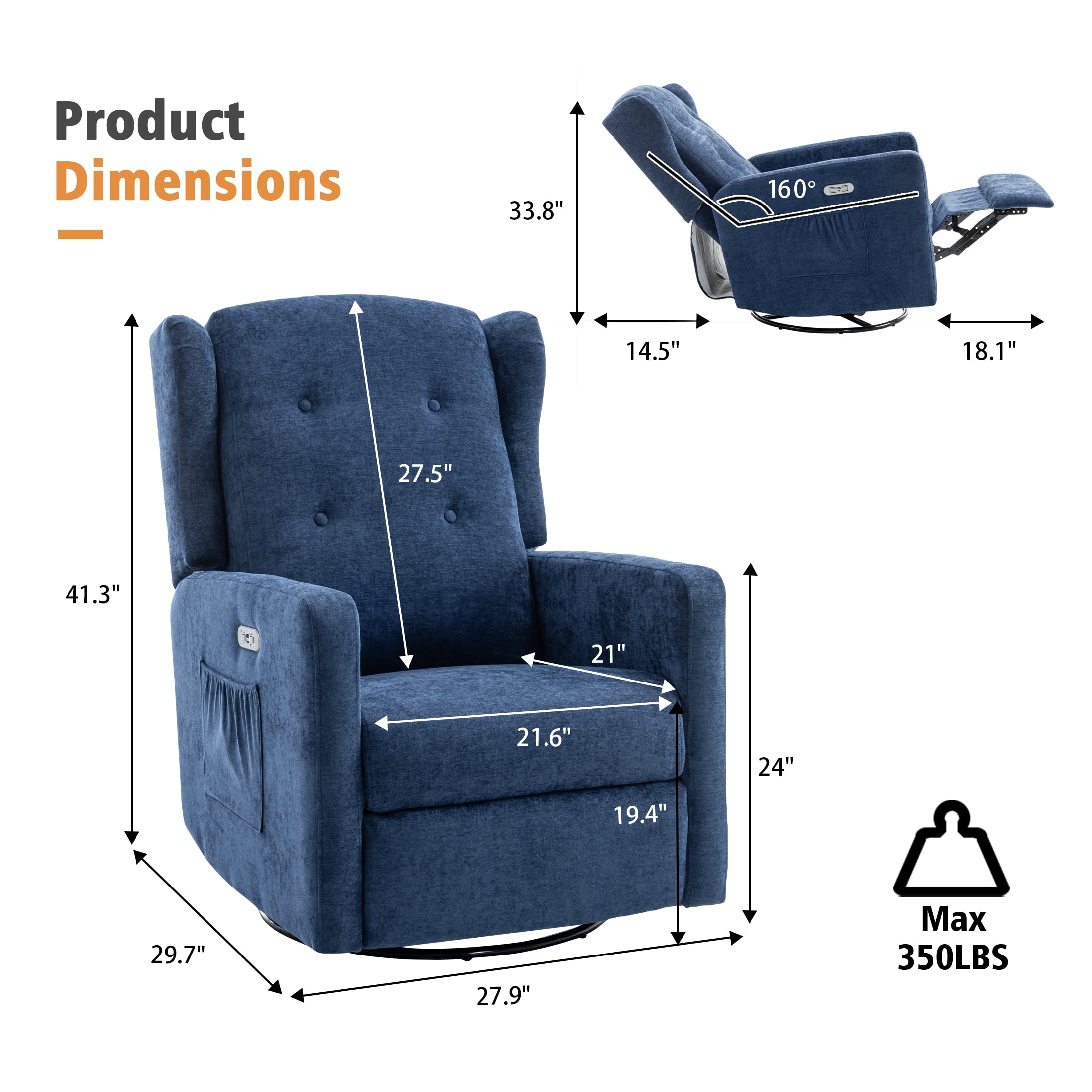 Power Swivel Rocking Recliner Chair, Electric Rocker Nursery Glider Chair, USB and Type-C Ports, Upholstered Fabric Reclining Single Sofa Chair for Living Room(NavyBlue)