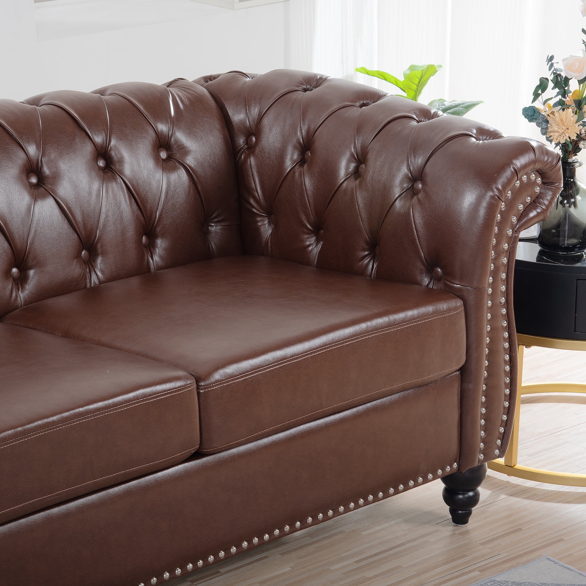 Canapé chesterfield 3 places Harris Tweed C001YM cuir marron