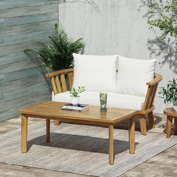 FFZ 2-Person Outdoor Acacia Wood Chat Set with Cushions and Coffee Table, Cream White