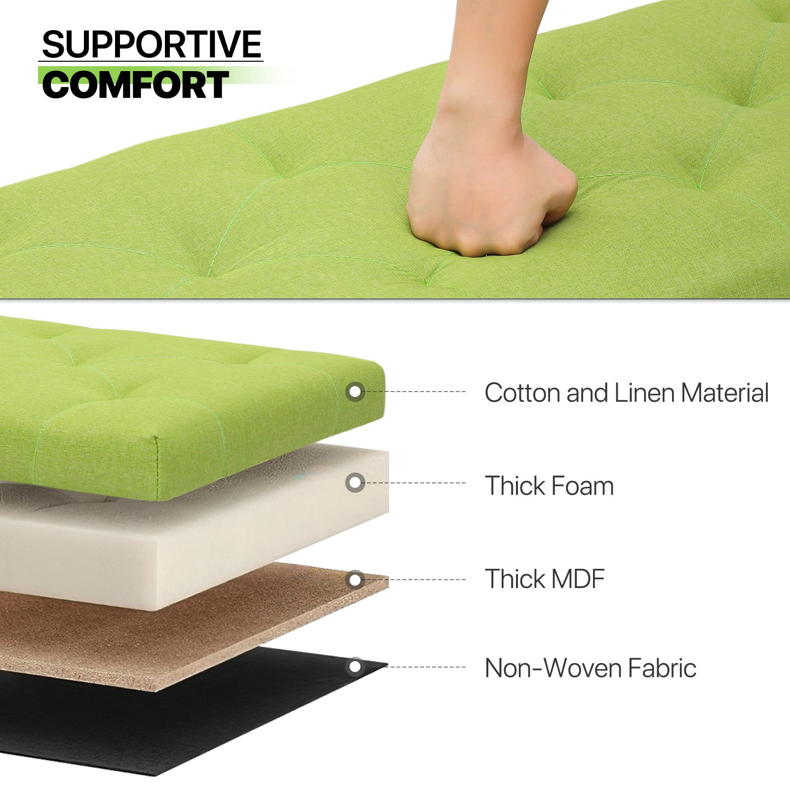OSM 42 Inch Long Storage Ottoman Bench, Linen Foot Stool Upholstered Foam Padded Rectangular Fabric Tufted Bench Footrest for Living Room Bedroom Entryway with 660 Lbs Capacity, Green
