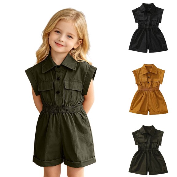 Girl's Button Down Pocket Romper Short Collared Neck Short Sleeve Shirt Jumpsuit 10-11 Years