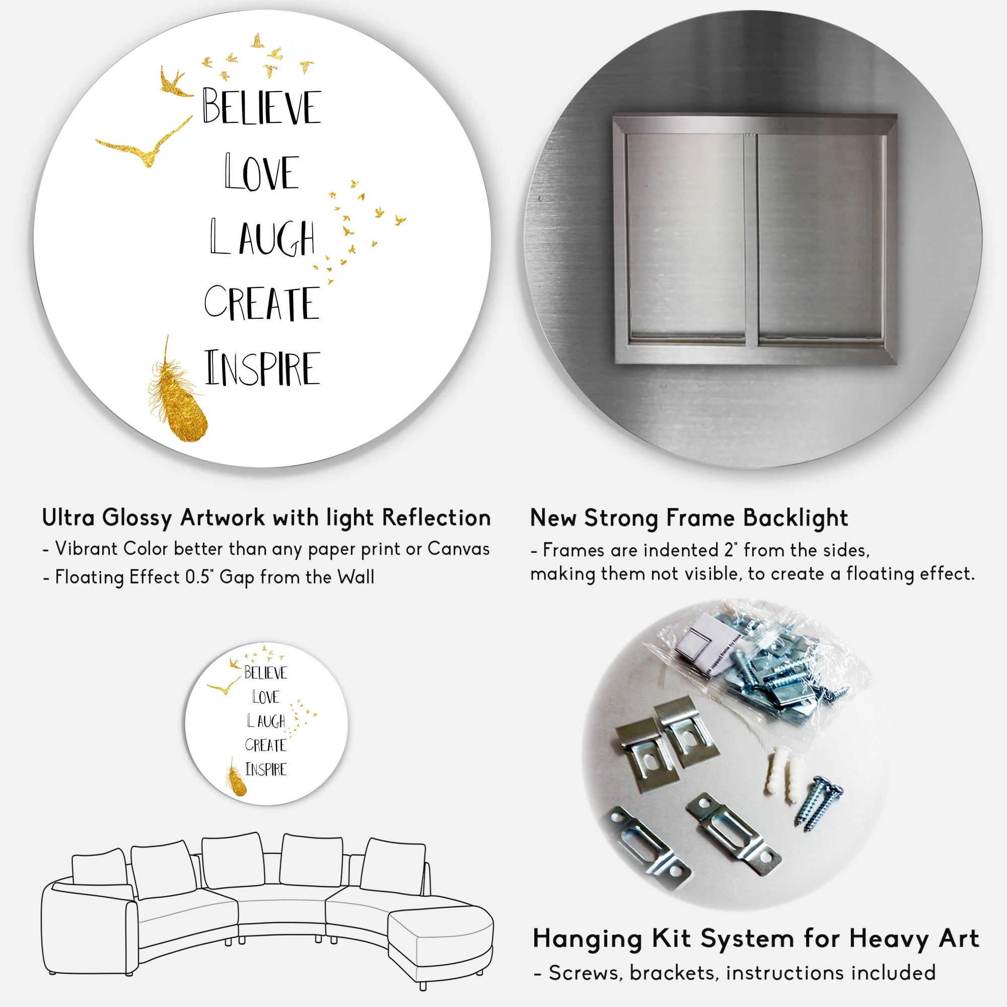 Designart 'Inspirational Quote On Gold and White' Traditional Circle Metal Wall Art 29x29 - Disc of 29