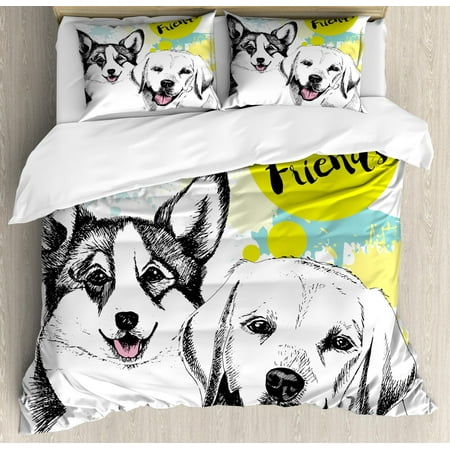 Labrador Duvet Cover Set Queen Size, Best Friends Typography with Hand Drawn Sketch Welsh Corgi Grunge Illustration, Decorative 3 Piece Bedding Set with 2 Pillow Shams, Multicolor, by