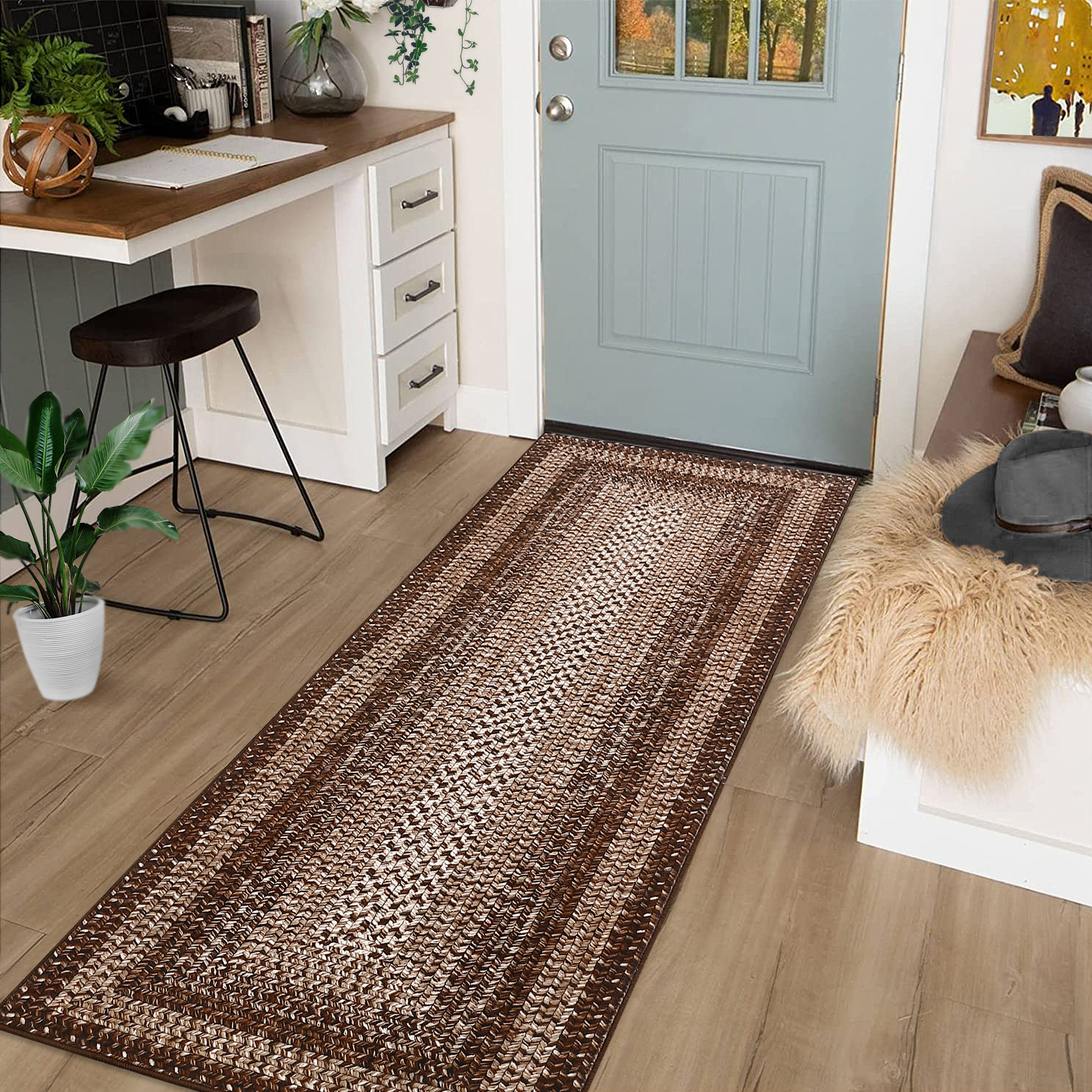 Aoile 2'x8' Washable Runner Rug, Geometric Printed Rugs with Non Slip for Entryway, Kitchen, Front Door Indoor Entrance, Entry, Kids Room, Brown