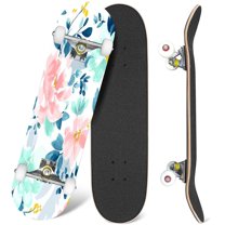 31'' Complete Skateboard 7 Layer Canadian Maple Double Kick Deck Skateboards watercolour floral delicate flowers yellow blue pink flowers greeting Skate Board for Beginner Adult Gifts