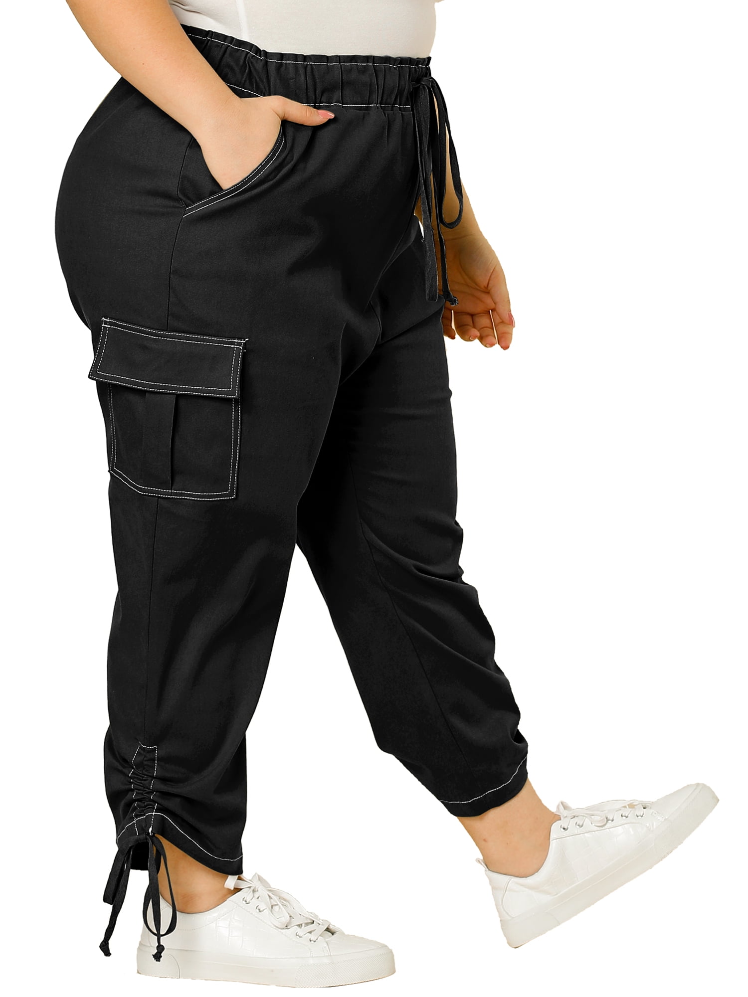 Plus Size Cargo Pants for Women High Waist Drawstring Elastic Waist 4X Black