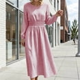 thumbnail image 2 of FRSASU Women's Long Sleeve Striped A Line Midi Dress Round Neck Smocked Elastic Waist Flowy Casual Daily Holiday Long Dress Hot Pink, 2 of 8