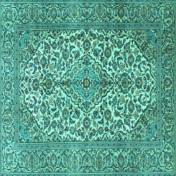 Ahgly Company Machine Washable Indoor Square Medallion Turquoise Blue Traditional Area Rugs, 6' Square