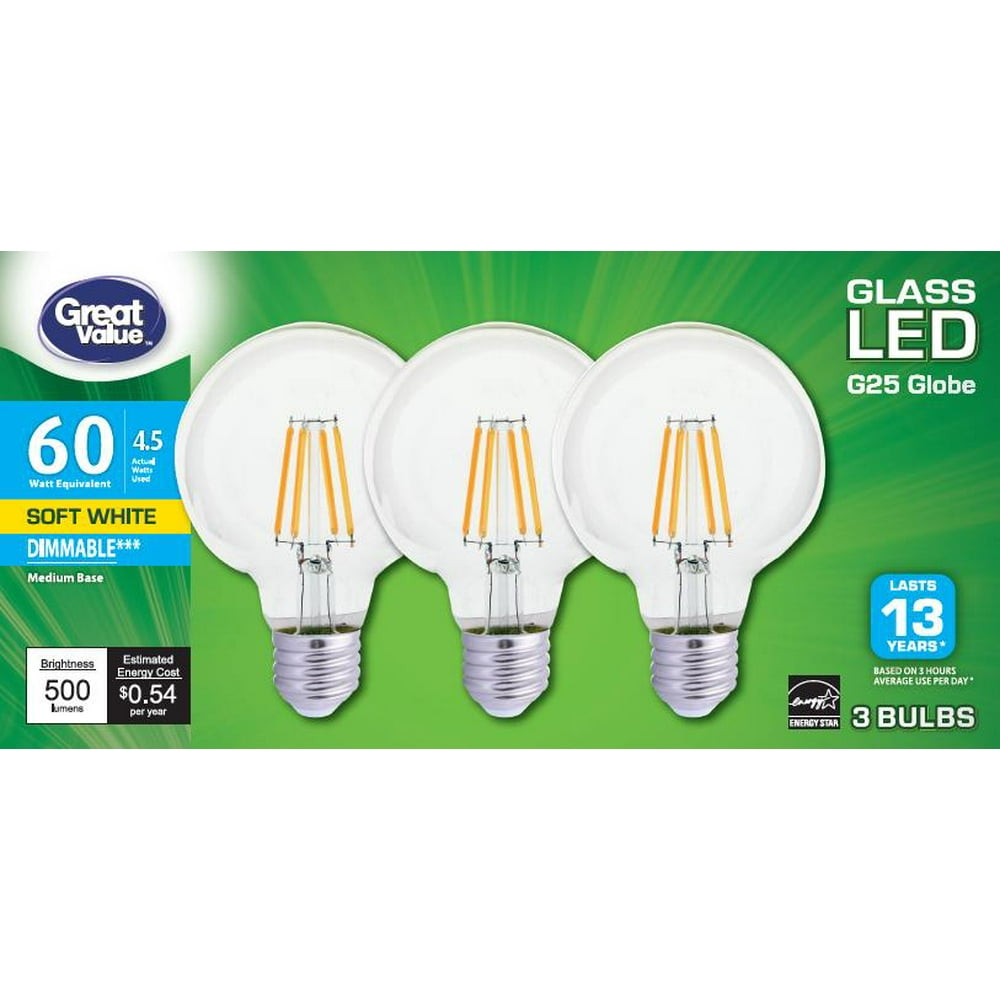 Great Value LED Deco G25 Light Bulb, Clear Glass, Soft White, 60w Eqv