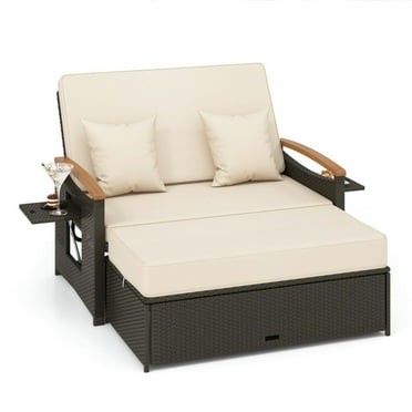 Spaco Outdoor 3-In-1 Versatile Wicker Daybed with 4 Backrest Positions, Daybed with Folding Panels and Storage Ottoman, Space-Saving Patio Set for Outdoor as Garden, Patio, Beige