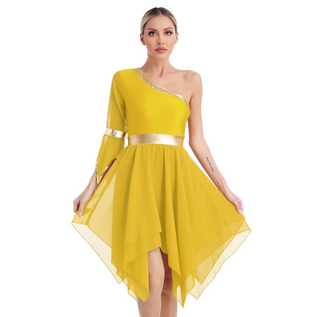 RUNQHUI Robe de Danse Métallique pour Femmes, une Épaule, Manches Évasées, Tenue de Danse Lituricale, Tunique de Danse Jaune L