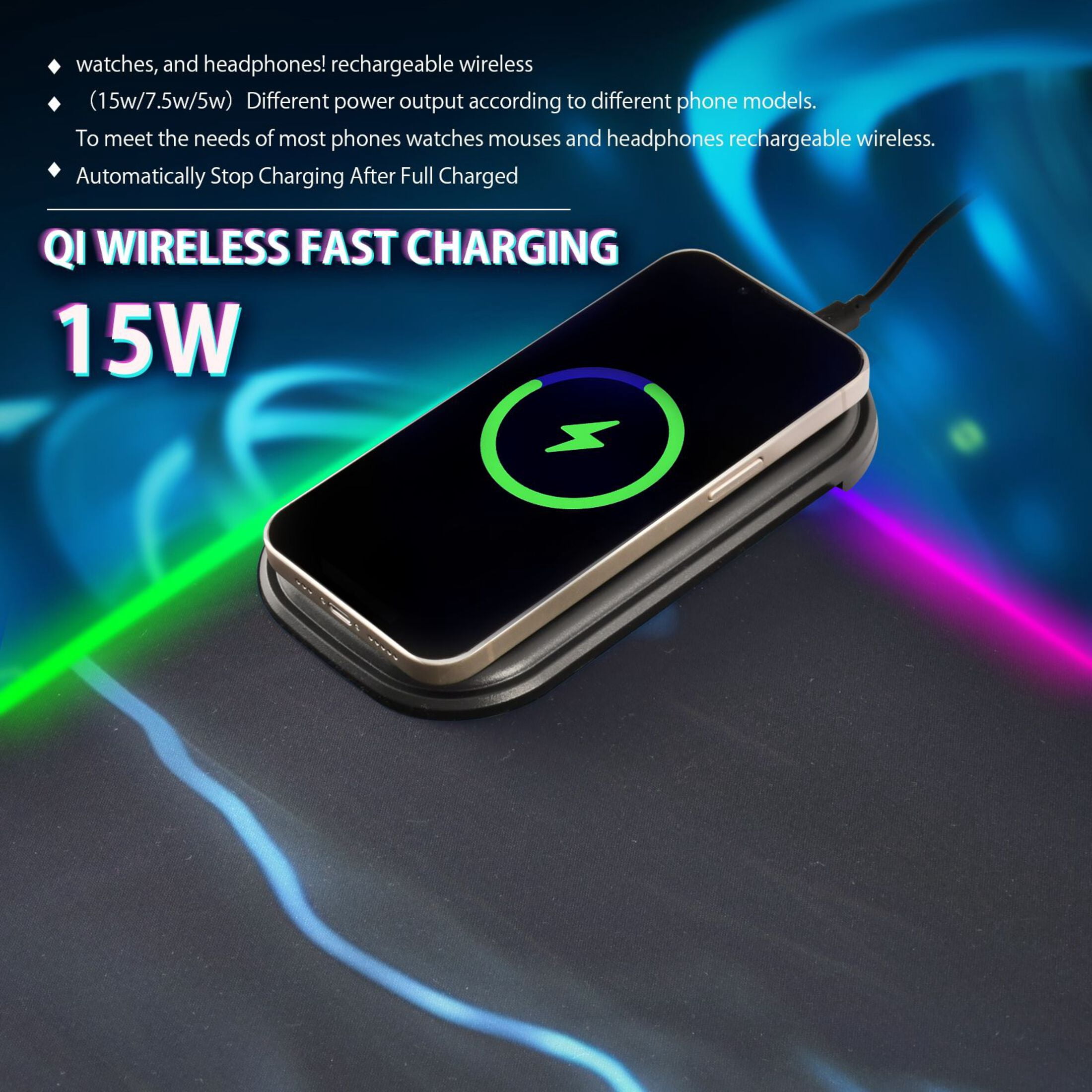 Wireless Charging Mouse Pad Large RGB Gaming Desk Mat 13 Light Modes Mousepad 35.4x15.7 Glowing Wolf