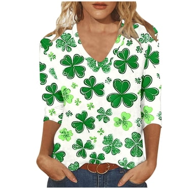 FAIWAD T-Shirts pour Femmes Grande Taille de la Saint-Patrick Trèfle Col en V Manches 3/4 Chemise Décontractée Ample Mignonne Hauts