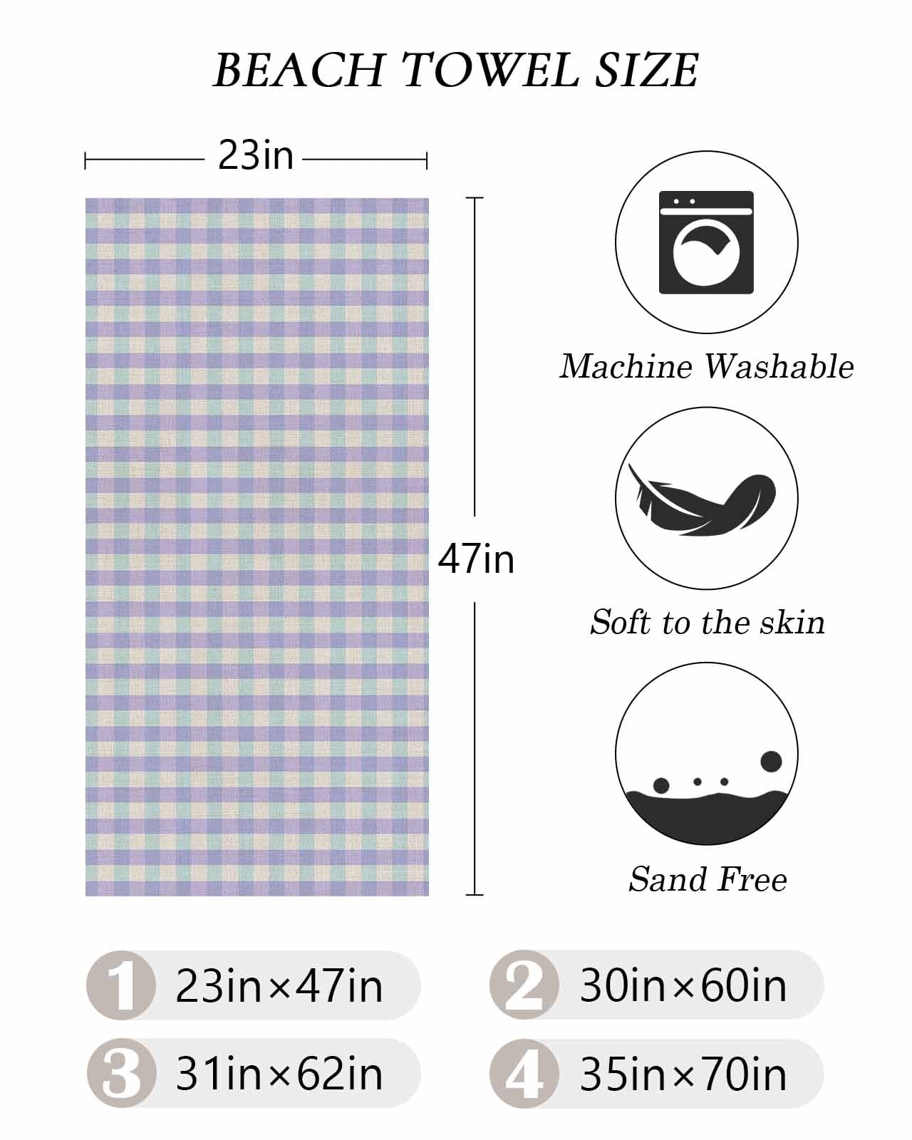 Purple Beach Towels Oversized Super Absorbent, Grid Checkered Plaid Gingham Lattice Trellis Lightweight Bath Towel Quick Dry Sets For Bathroom/Pool/Rv Camping/Beach Play/Gym Room/Picnic 23"x47"