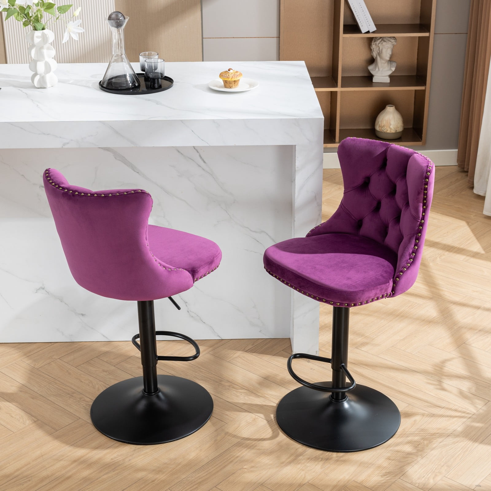 Holaki Set Of 2, Modern Classic Swivel Velvet Barstools, 25-33 Inch Adjusatble Seat Height, Upholstered Chrome Base Bar Stools With Backs Tufted, For Home Pub, Living Room, Kitchen(Black Base+Purple)