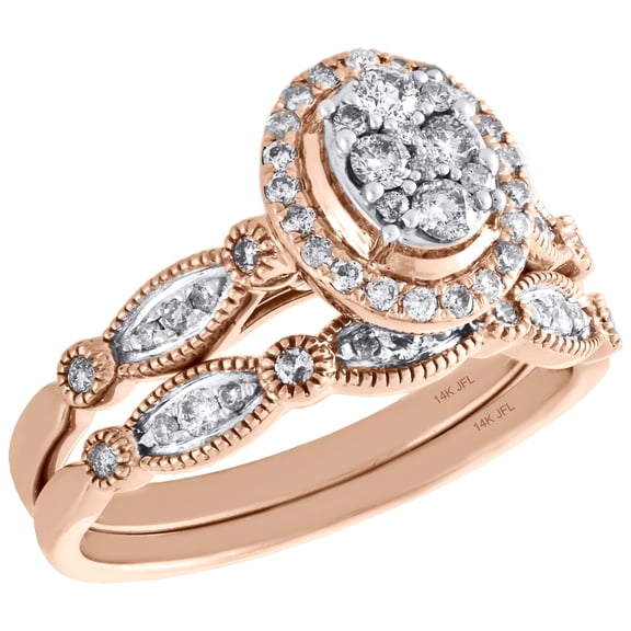 14K Rose Gold Diamond Bridal Set Oval Engagement Ring Wedding Band 0.50 Ct.