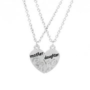 2 Pieces Silver Pendants Necklace Heart Mother and Daughter Pendant Sweater Chain Fashion Jewelry Christmas Birthday Gift