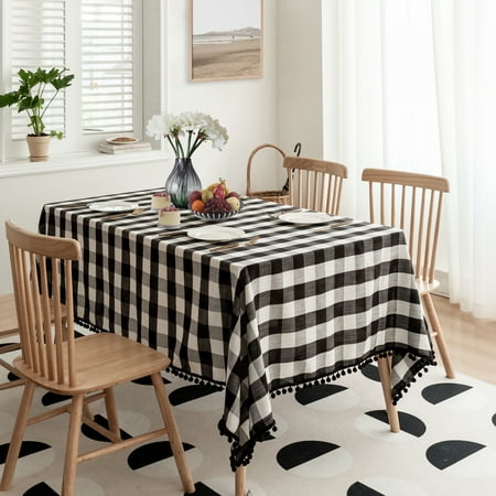 

Flowpartex Farmhouse Pompom Checkered Rectangle Linen Tablecloth Buffalo Plaid Table Cover with Tassel for Kitchen Restaurant Home Decor 120 L x 60 W Oblong Table Cover Black and White