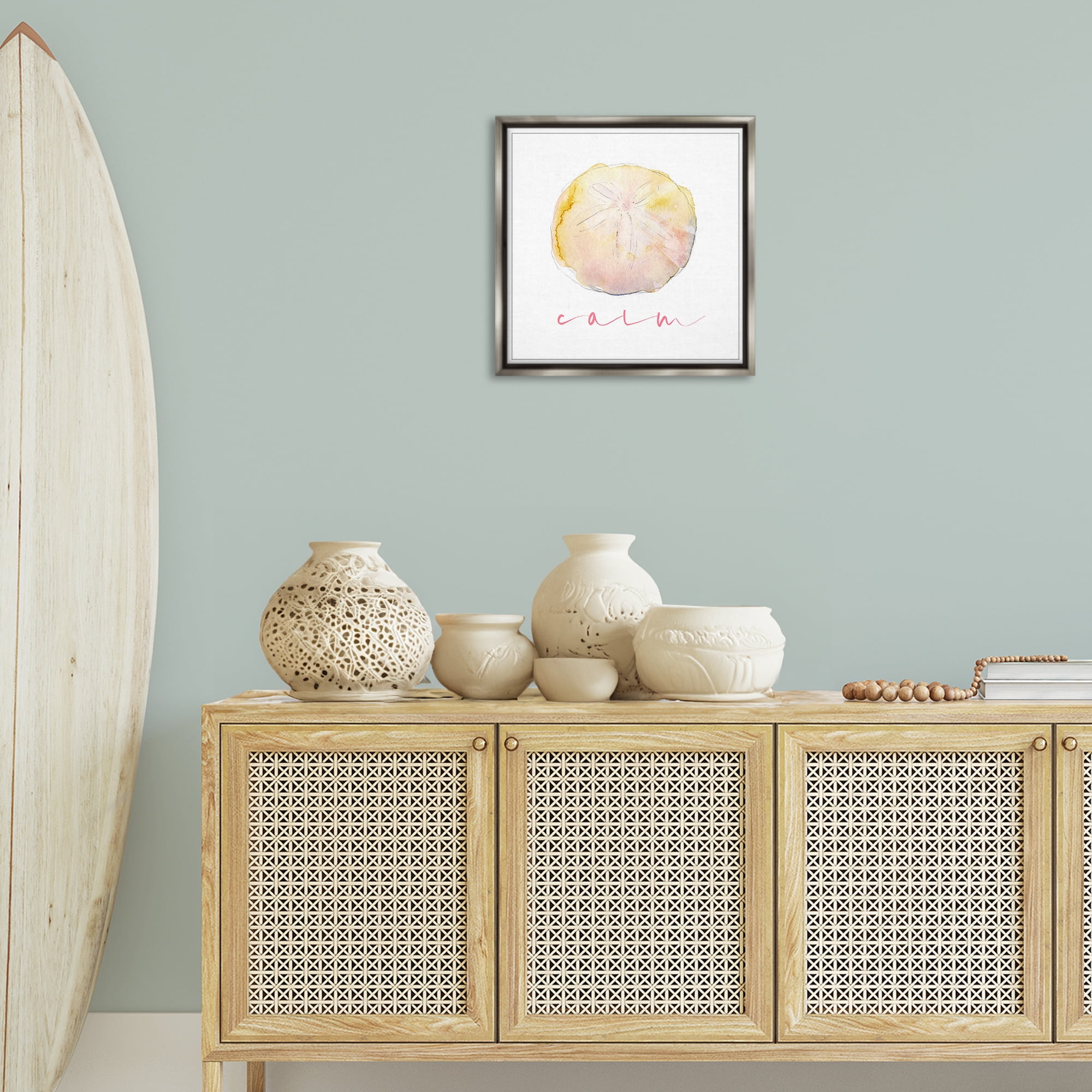 Stupell Industries Sand Dollar Calm Phrase Nautical & Beach Painting Gray Floater Framed Canvas Art Print Wall Art, 18 x 18