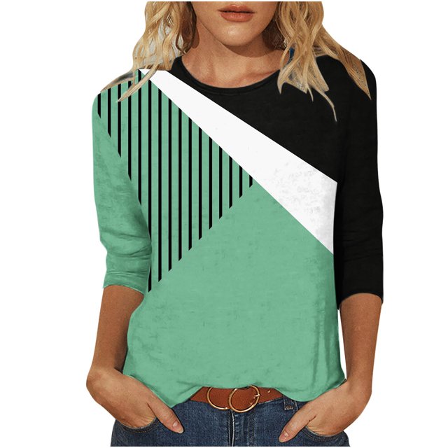 Pompotops T-shirt Blouse à Manches 3/4 Contrastées à Col Rond Décontracté pour Femmes en Solde