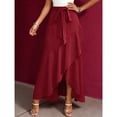 thumbnail image 4 of Women's Wine Red Satin Tie-Waist Maxi Skirt High-Low Ruffle Hem Formal Evening Party Skirt, 4 of 4
