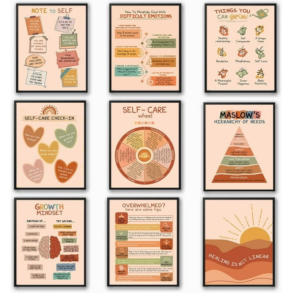 LOLUIS Mental Health Wall Decor, Classroom School Therapist Supplies Boho Educational Art Print, 9 Pcs Mental Health Posters (8 x 10 Inch Unframed)