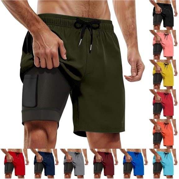 HNMKIU Mens Swim Trunks with Compression Liner Bathing Suit with Pockets 5 Inch Inseam Beach Board Shorts 1-Army Green,L