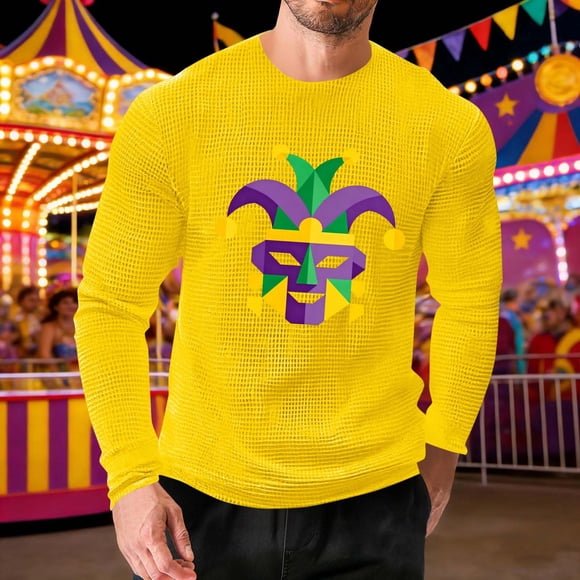 Ceisia Men's Mardi Gras Geometric Jester Mask Print Waffle Knit Crew Neck Long Sleeve T-Shirt Gift