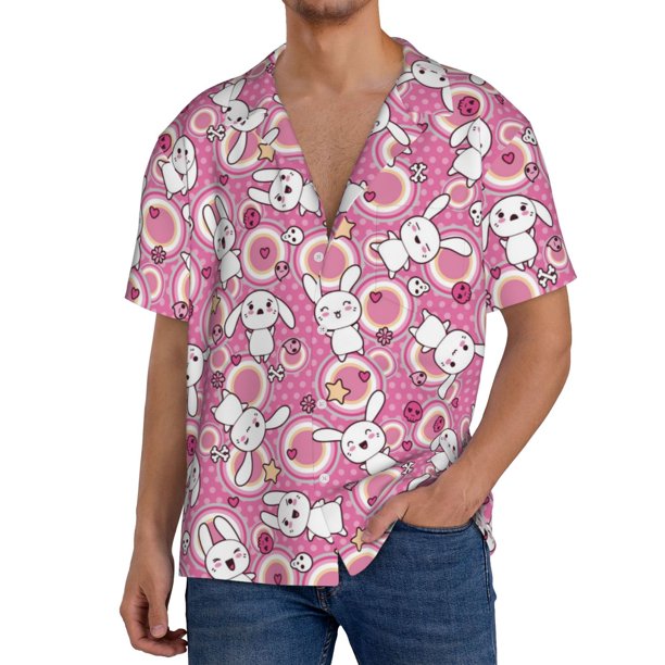 Balery Cute Rabbit Camisa Casual de Manga Corta con Botones para Hombre, Texturizada, Estilo Cubano, para Playa, Verano-X-Large