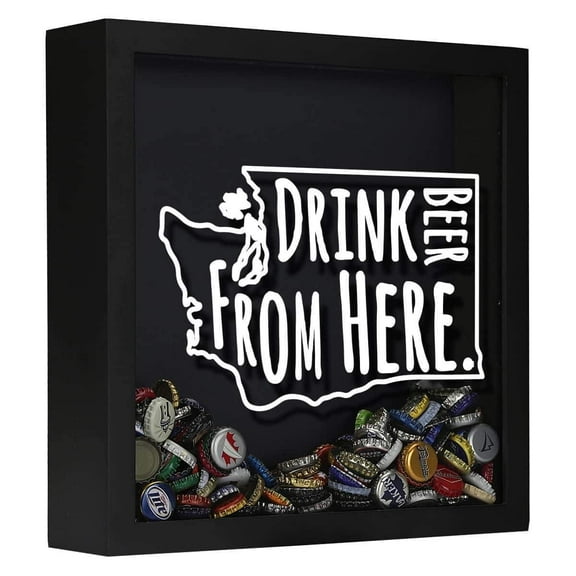 TORCHED Washington Beer Cap Shadow Box 14"x14"x5" | Wall Mount Decor | Black