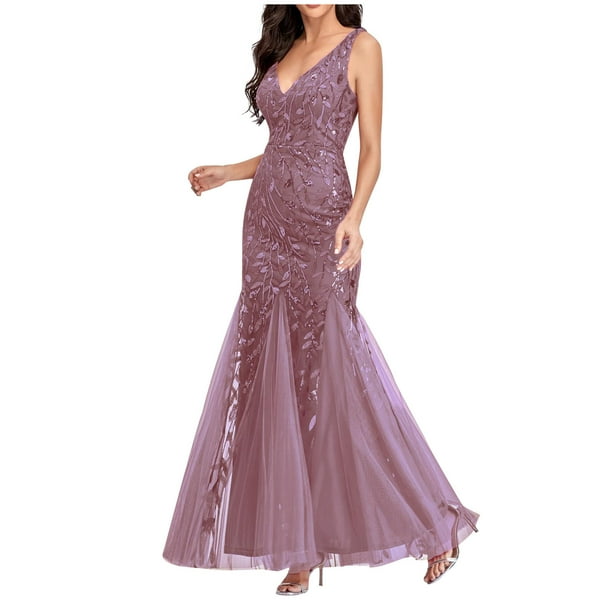 QIPOPIQ Women's Formal Dress Sequin Double V-Neck Sleeveless Mermaid ...