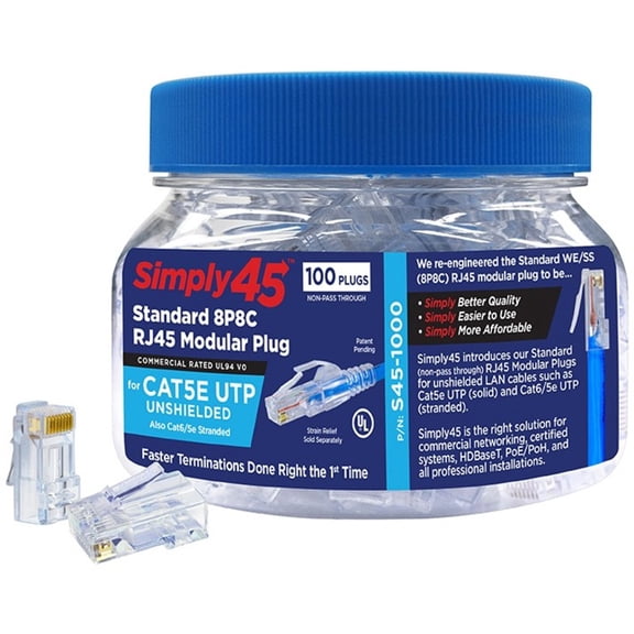 Simply45 Cat5e RJ45 Crimp Connectors, Solid 24AWG/Stranded 28-26AWG, Blue Tint, Jar 100 pieces