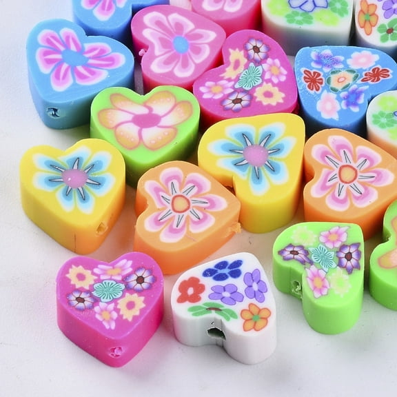 50pc Handmade Polymer Clay Beads Heart Mixed Color 9~11x10~11x4~5mm Hole: 2mm