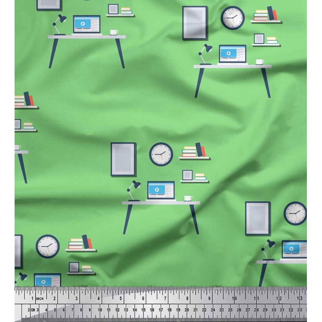 Soimoi Green Modal Satin Fabric Monitor,Books & Study Table Education Theme Print Sewing Fabric Yard 42 Inch Wide