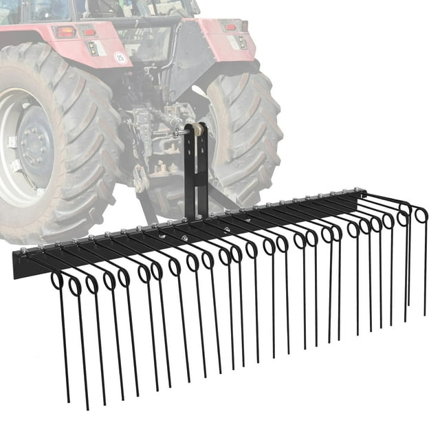 60 Inch Pine Straw Rake, 26 Coil Spring Tines Durable Powder Coated Steel Tow Behind Landscape Rake with 3 Point Hitch Receiver Attachment Fit to Cat0 Cat 1 Tractors for Leaves Grass, Black