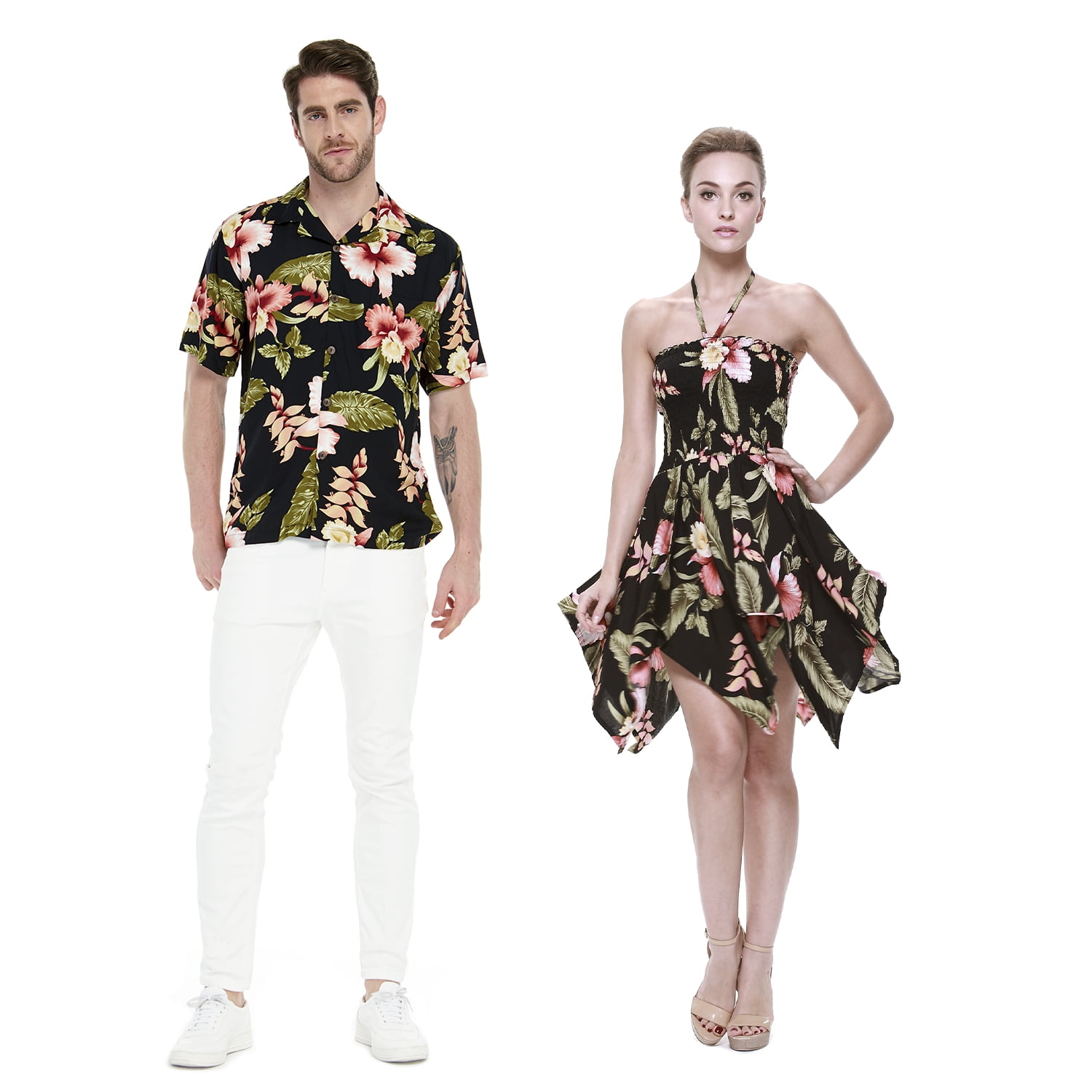 Couple Matching Shirt Dress Luau Hawaiian Cruise Short Tank Black Rafelsia 