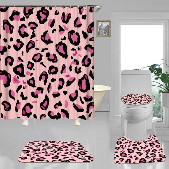 4PCS Pink Leopard Print Shower Curtain Sets with Rugs, Cheetah Print Shower Curtain, Waterproof Fabric Pink Shower Curtain, Safari Wildlife Wild Animal Skin Modern Teen Girls Bathroom Decor