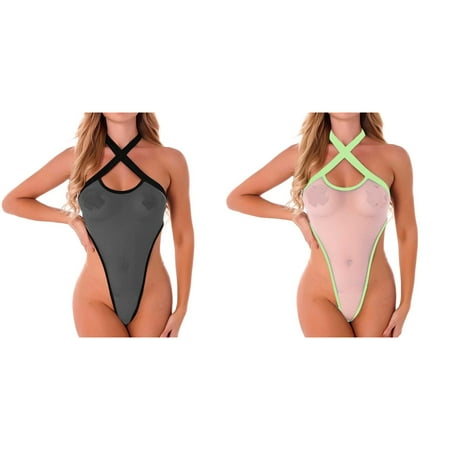 2-Pack Women s 1 Piece Backless Mesh Bodysuit Neck Lace Up Sheer Teddy Nightie Lace Up Lingerie Fishing Net Underwear Sleepwear Steel Ring Pajamas Gart Lingerie with Stockings Adult Lingerie