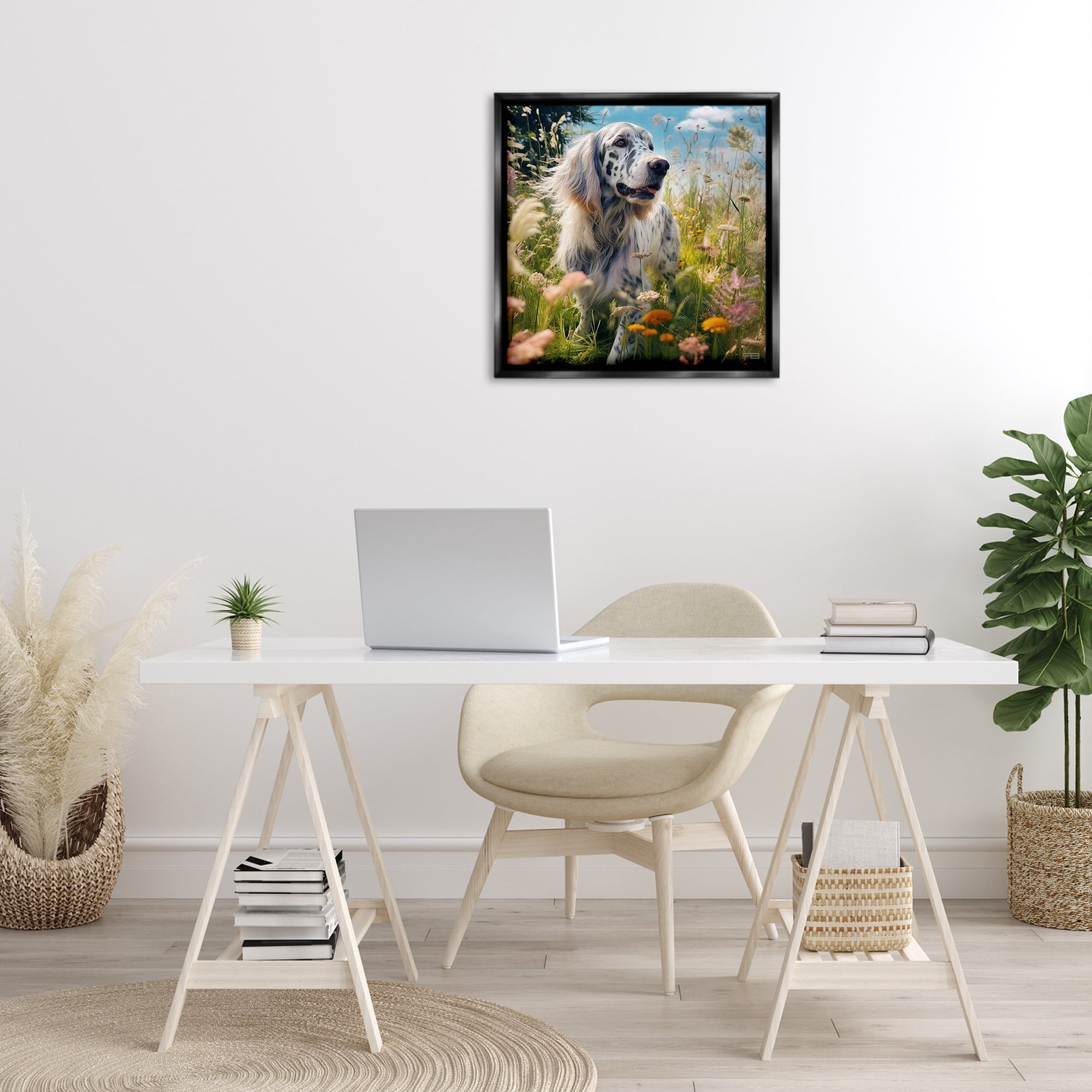 Stupell Industries Happy Dog Among Flowers Landscape Painting Black Floater Framed Canvas Art Print Wall Art, 25 x 25