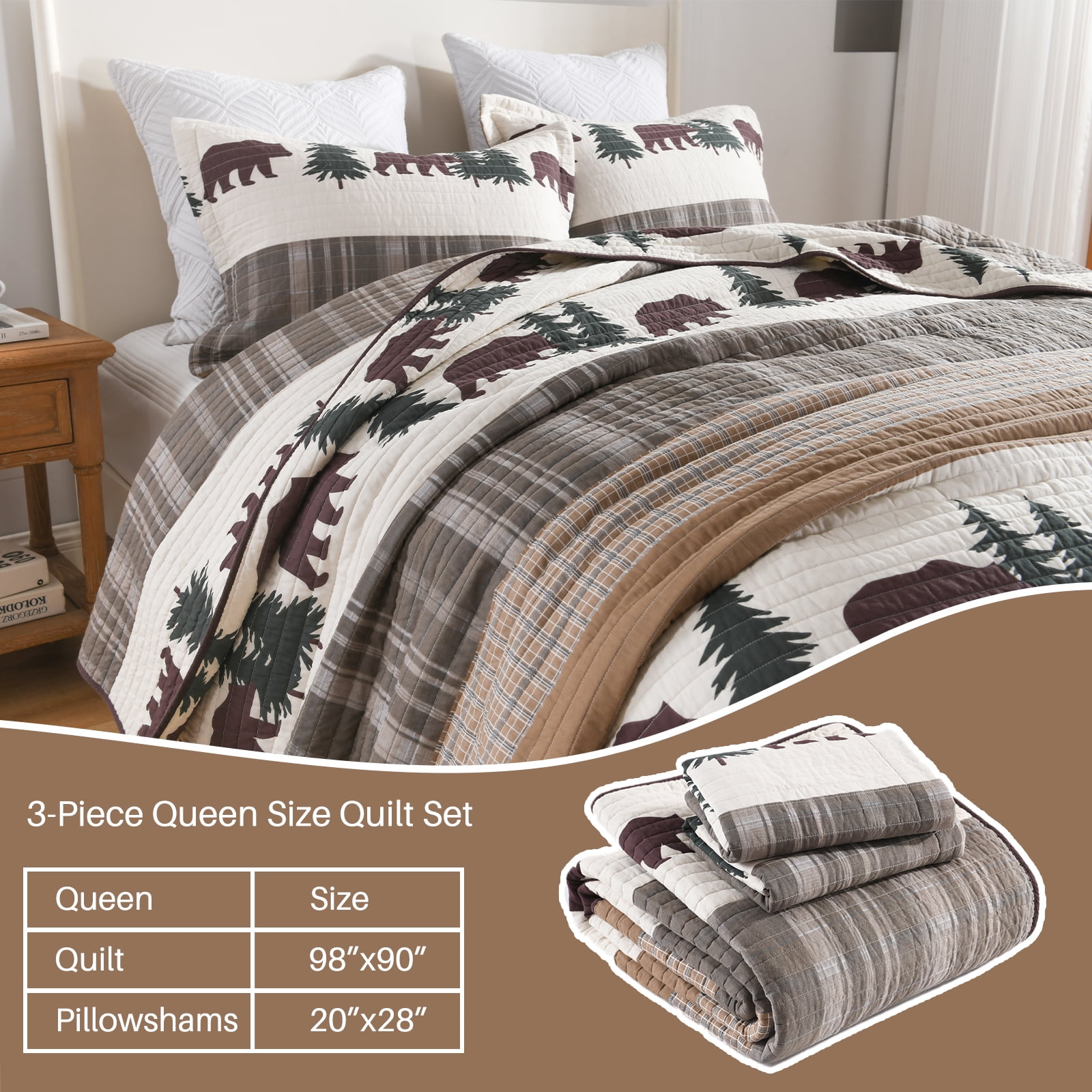 Bedduvit Rustic Lodge Queen Quilt - 100% Organic Cotton Quilt Sets, Cabin Animal Farmhouse Lightweight Bedspread for Queen Beds, Bear Tree Brown White Striped Cottage Bedding Set with 2 Pillow Shams