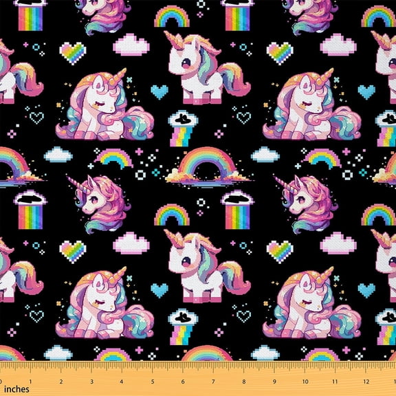 Feelyou Cartoon Unicorn Fabric by the Yard 2 Yards for Kids, Black Pink Animal Sewing Fabric, Rainbow Cloud Home Decor Fabric by the Yard, Luxury Bedroom Decor